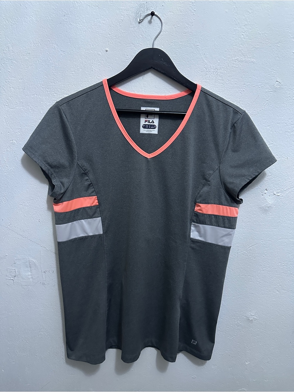 FILA Women’s L V-Neck Athletic Shirt Gray Coral Colorblock Short Sleeve